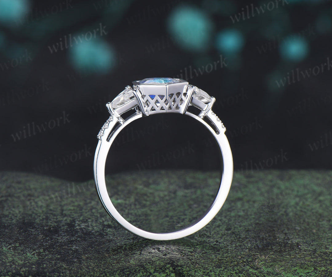 Hexagon cut natural moonstone engagement ring trillion cut moissanite half eternity wedding ring June birthstone jewelry gifts for her
