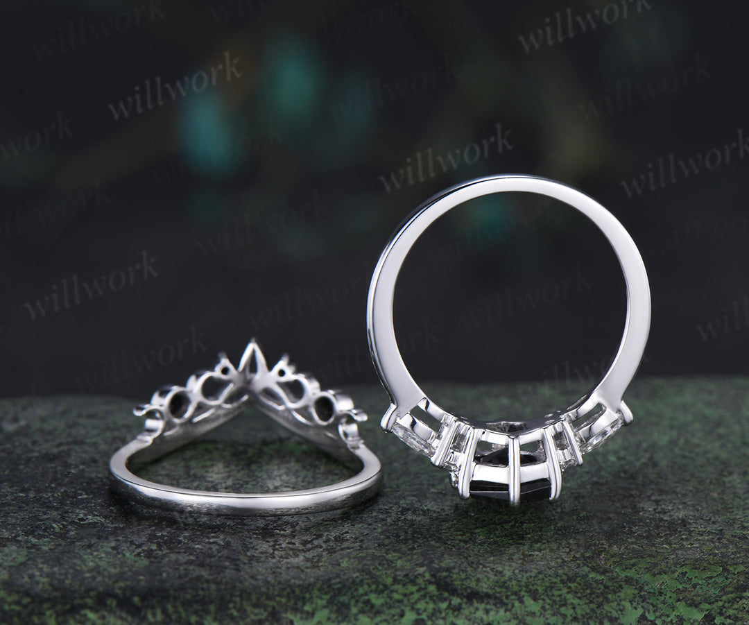 Vintage hexagon cut black onyx engagement ring set moissanite accents ring black spinels celtic knot band bridal set