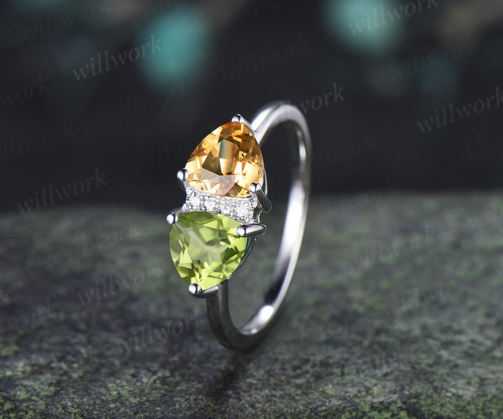 Trillion Cut Peridot Citrine Engagement Ring Personalized Toi Et Moi Two Birthstone Ring for Couple BFF