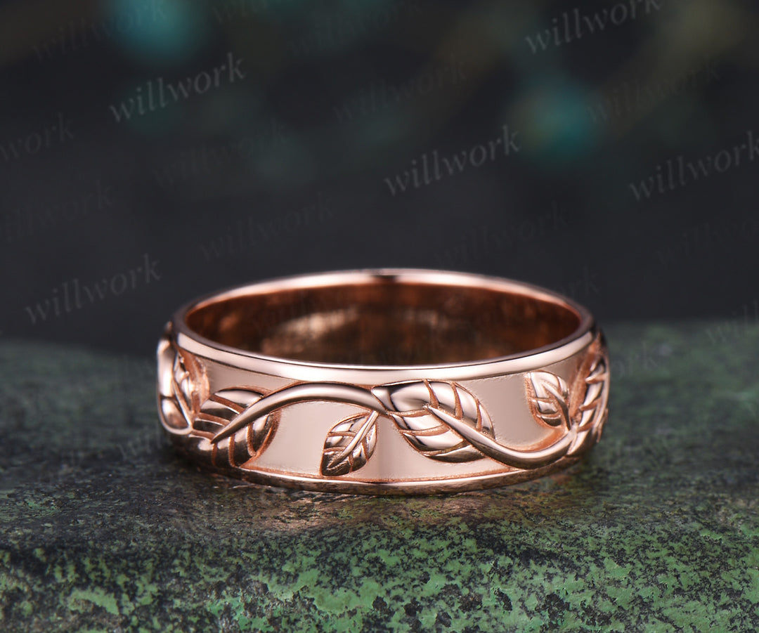 Leaf Twig Engraved Men Wedding Band 6mm Nature Inspired Promise Statement Ring