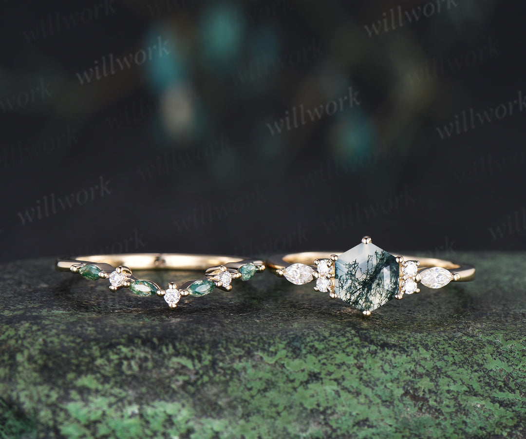Hexagon cut moss agate ring set minimalist seven stones engagement ring marquise moss agate moissanite wedding band unique bridal set