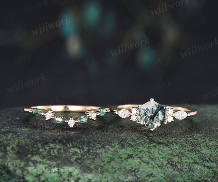 Hexagon cut moss agate ring set minimalist seven stones engagement ring marquise moss agate moissanite wedding band unique bridal set