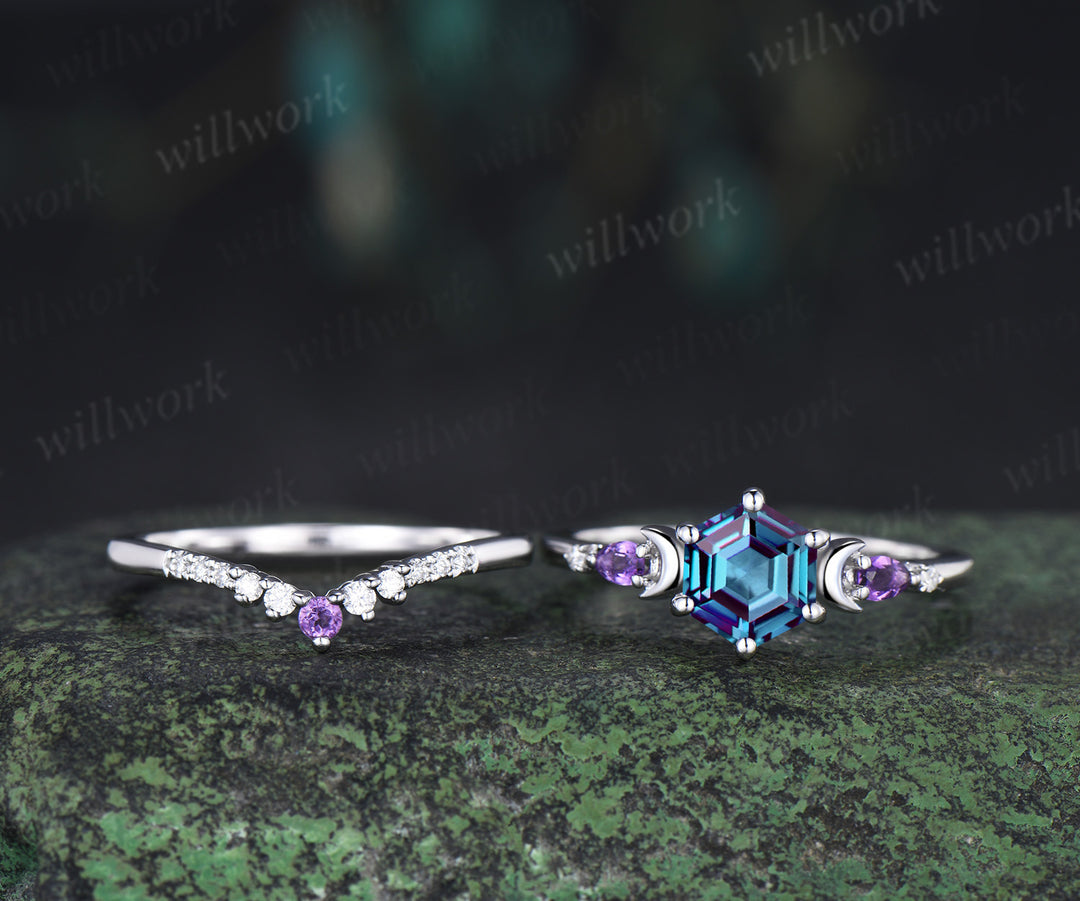 Unique hexagon cut alexandrite moon engagement ring set pear amethyst five stone ring moissanite wedding band bridal set