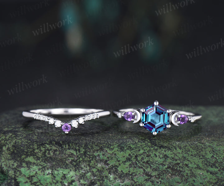 Unique hexagon cut alexandrite moon engagement ring set pear amethyst five stone ring moissanite wedding band bridal set