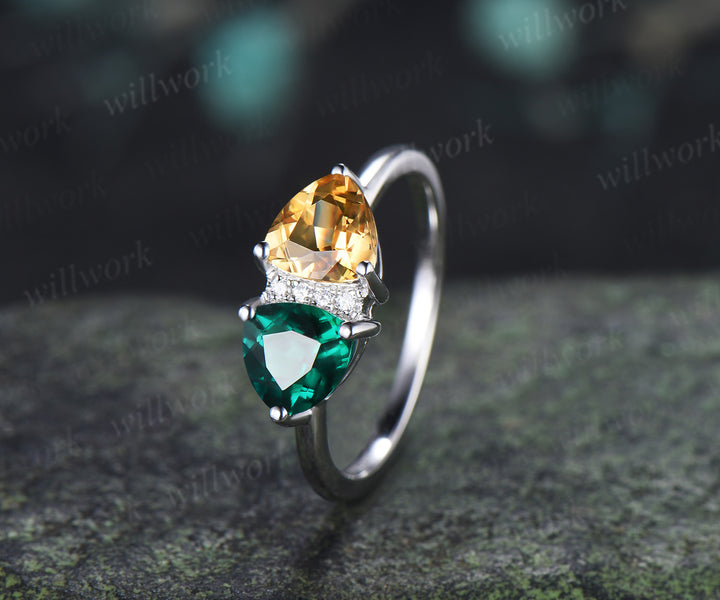 Trillion Cut Emerald & Citrine Toi et Moi Ring Personalized Two Birthstone Couple Ring BFF Jewelry Gift