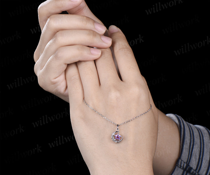 Unique star shape amethyst pendant necklace solitaire celestial moon star necklace gifts for her