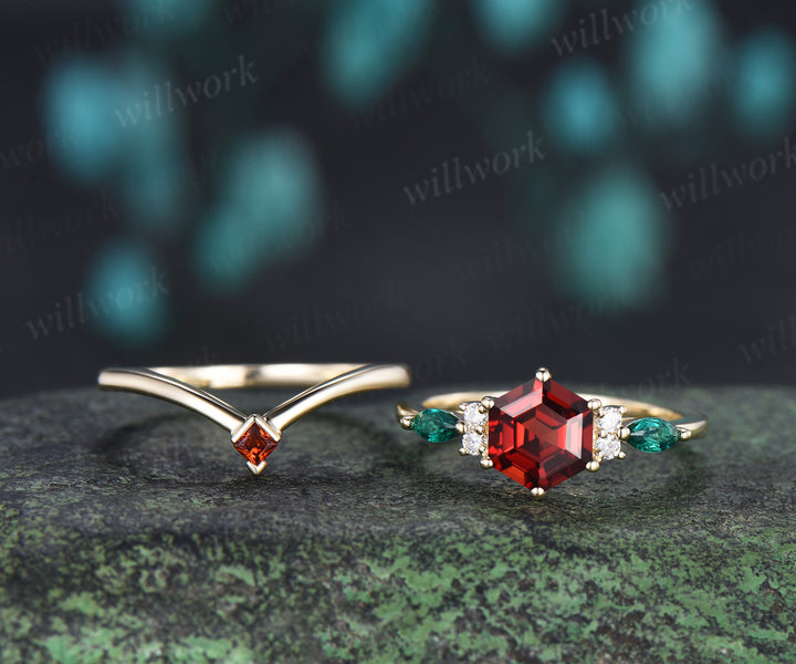Hexagon cut ruby engagement ring set emerald moissanite seven stones ring minimalist princess cut ruby band bridal set