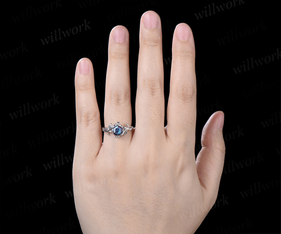 Hexagon Alexandrite Twig Leaf Engagement Ring & Round Alexandrite Leaf Floral Men Wedding Ring Nature Inspired Couple Set