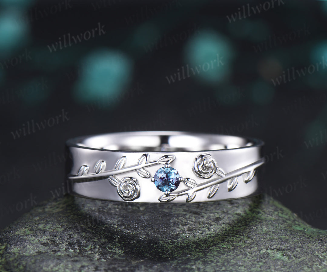 Hexagon Alexandrite Twig Leaf Engagement Ring & Round Alexandrite Leaf Floral Men Wedding Ring Nature Inspired Couple Set