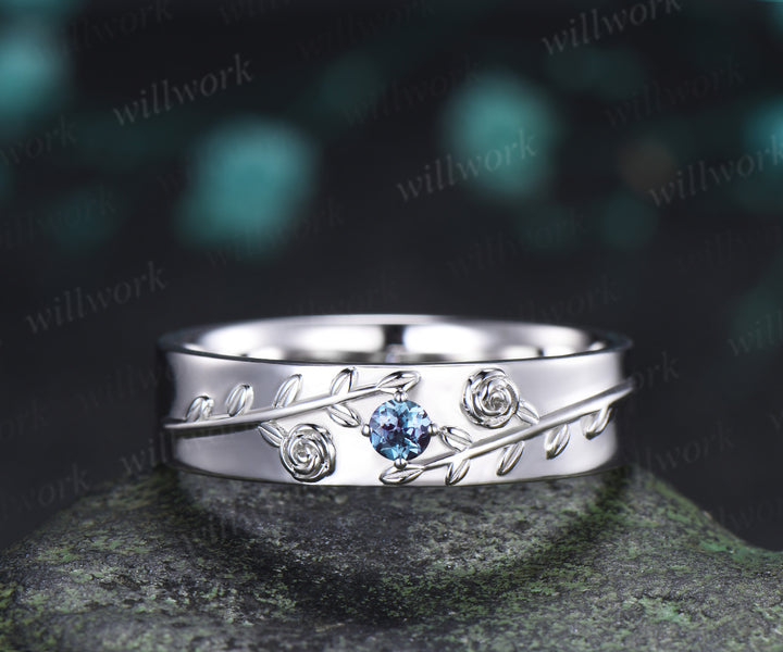 Hexagon Alexandrite Twig Leaf Engagement Ring & Round Alexandrite Leaf Floral Men Wedding Ring Nature Inspired Couple Set