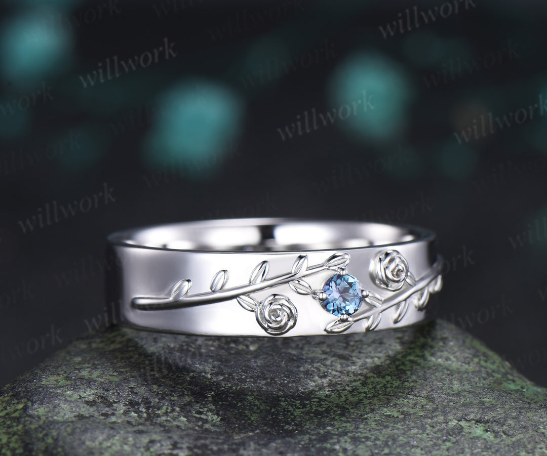 Hexagon Alexandrite Twig Leaf Engagement Ring & Round Alexandrite Leaf Floral Men Wedding Ring Nature Inspired Couple Set