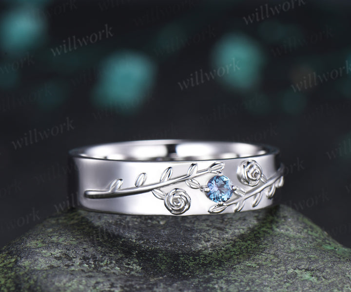 Hexagon Alexandrite Twig Leaf Engagement Ring & Round Alexandrite Leaf Floral Men Wedding Ring Nature Inspired Couple Set