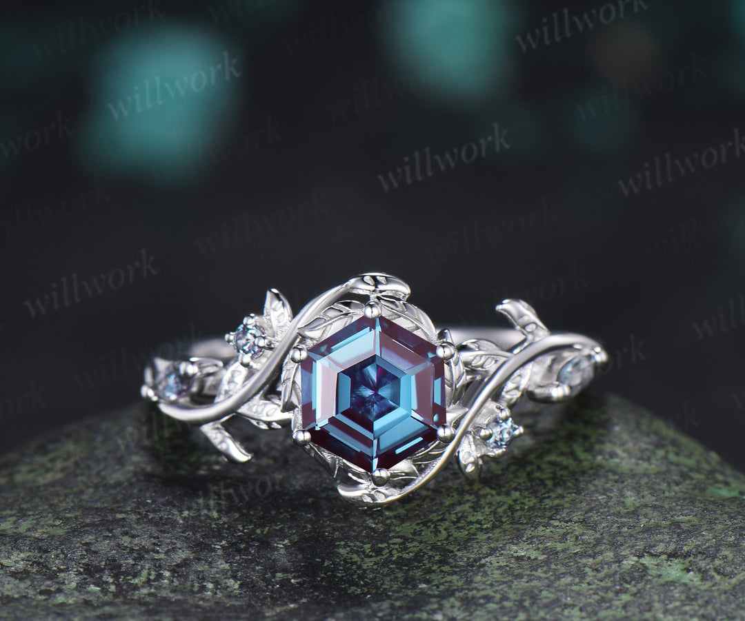Hexagon Alexandrite Twig Leaf Engagement Ring & Round Alexandrite Leaf Floral Men Wedding Ring Nature Inspired Couple Set