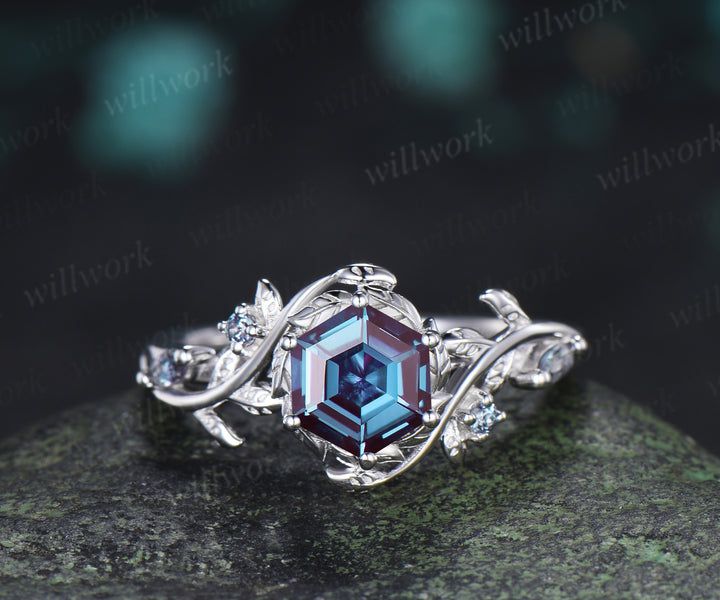 Hexagon Alexandrite Twig Leaf Engagement Ring & Round Alexandrite Leaf Floral Men Wedding Ring Nature Inspired Couple Set