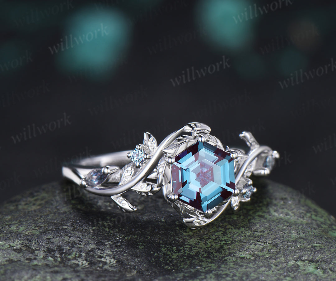 Hexagon Alexandrite Twig Leaf Engagement Ring & Round Alexandrite Leaf Floral Men Wedding Ring Nature Inspired Couple Set