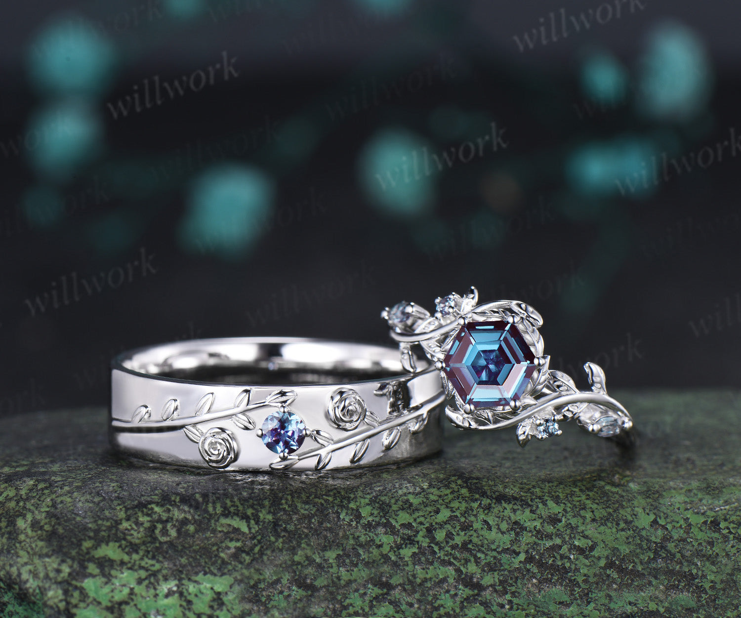 Hexagon Alexandrite Twig Leaf Engagement Ring & Round Alexandrite