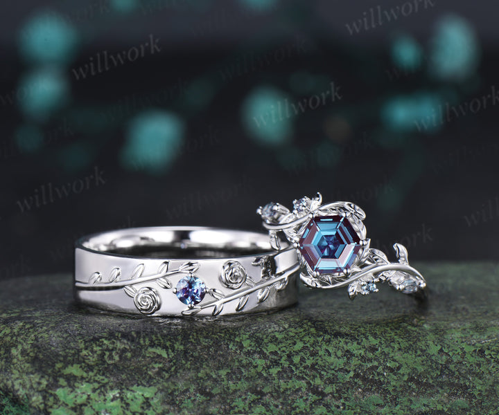 Hexagon Alexandrite Twig Leaf Engagement Ring & Round Alexandrite Leaf Floral Men Wedding Ring Nature Inspired Couple Set