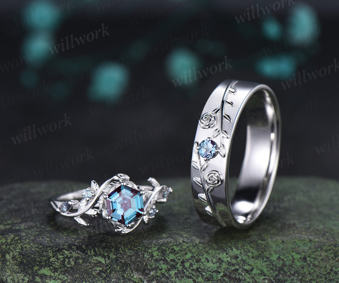 Hexagon Alexandrite Twig Leaf Engagement Ring & Round Alexandrite Leaf Floral Men Wedding Ring Nature Inspired Couple Set