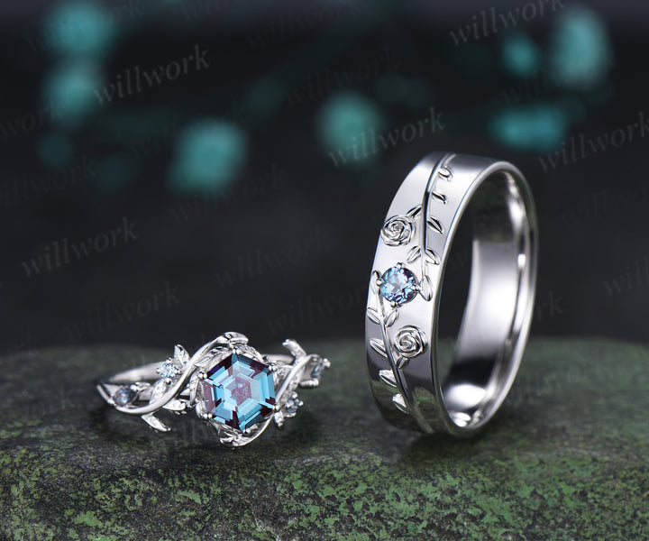 Hexagon Alexandrite Twig Leaf Engagement Ring & Round Alexandrite Leaf Floral Men Wedding Ring Nature Inspired Couple Set