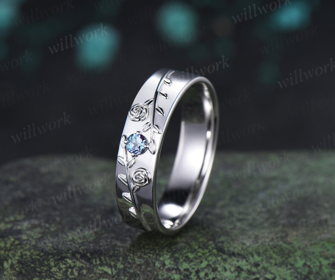 Hexagon Alexandrite Twig Leaf Engagement Ring & Round Alexandrite Leaf Floral Men Wedding Ring Nature Inspired Couple Set