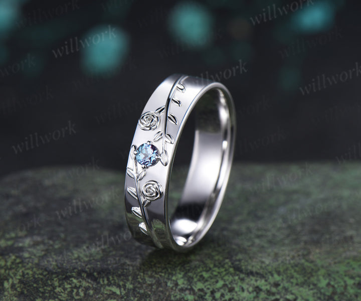 Hexagon Alexandrite Twig Leaf Engagement Ring & Round Alexandrite Leaf Floral Men Wedding Ring Nature Inspired Couple Set