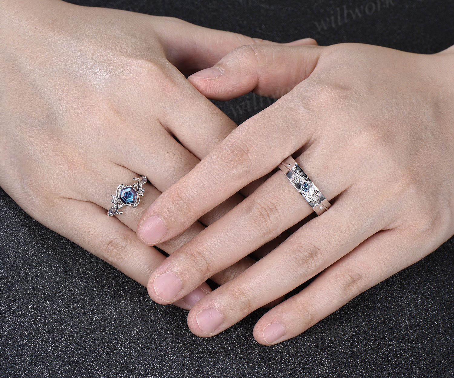 Hexagon Alexandrite Twig Leaf Engagement Ring & Round Alexandrite