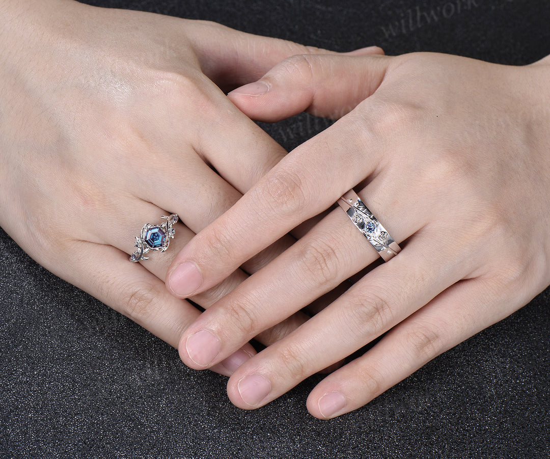 Hexagon Alexandrite Twig Leaf Engagement Ring & Round Alexandrite Leaf Floral Men Wedding Ring Nature Inspired Couple Set