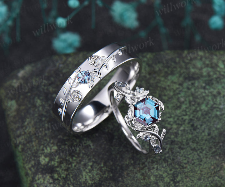 Hexagon Alexandrite Twig Leaf Engagement Ring & Round Alexandrite Leaf Floral Men Wedding Ring Nature Inspired Couple Set
