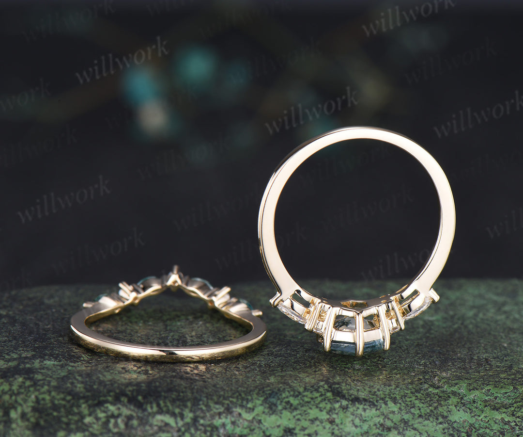 Hexagon cut moss agate ring set minimalist seven stones engagement ring marquise moss agate moissanite wedding band unique bridal set