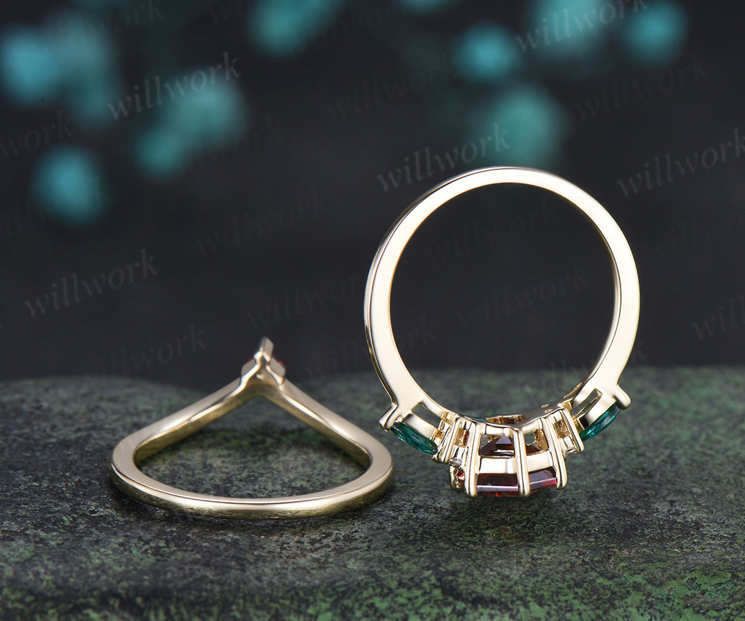 Hexagon cut ruby engagement ring set emerald moissanite seven stones ring minimalist princess cut ruby band bridal set