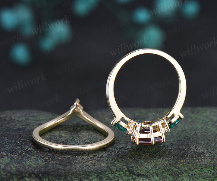 Hexagon cut ruby engagement ring set emerald moissanite seven stones ring minimalist princess cut ruby band bridal set