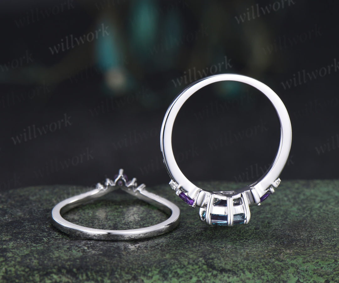 Unique hexagon cut alexandrite moon engagement ring set pear amethyst five stone ring moissanite wedding band bridal set