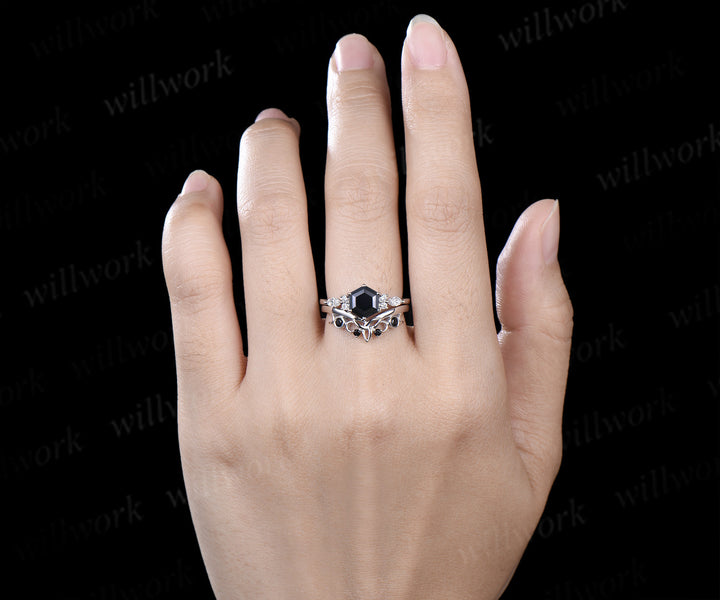 Vintage hexagon cut black onyx engagement ring set moissanite accents ring black spinels celtic knot band bridal set