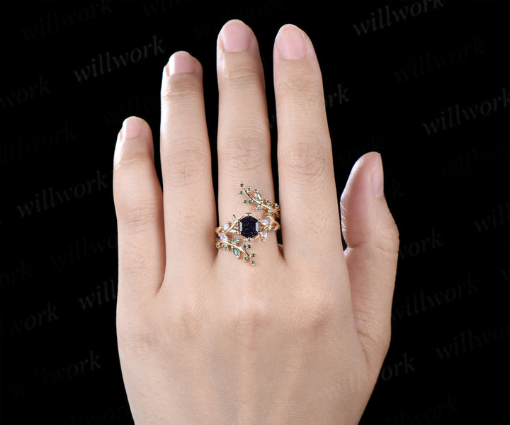 Hexagon cut blue sandstone engagement ring set moonstone leaf ring emerald moss agate twig leaf wedding band enhancer unique bridal set