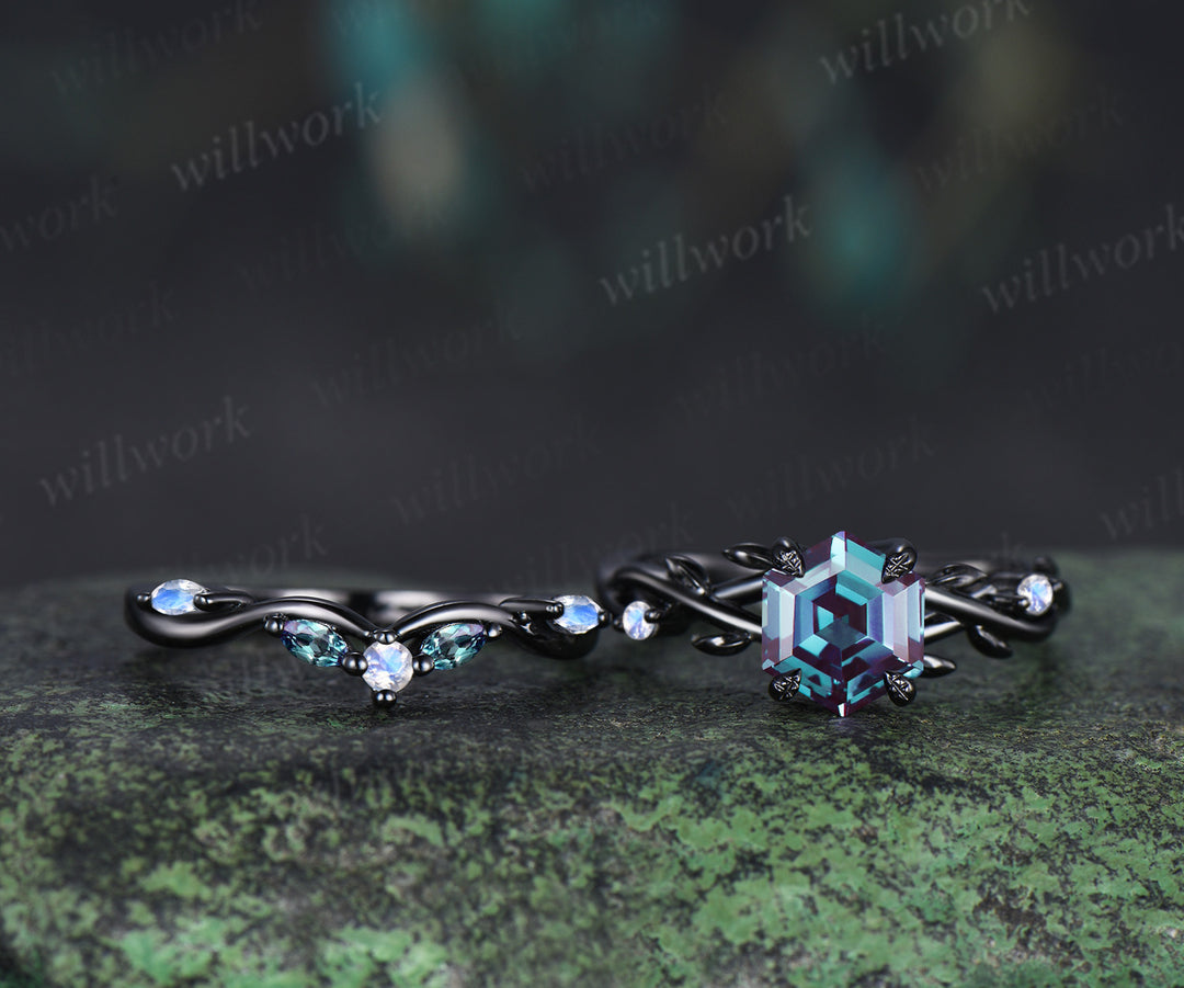 Hexagon alexandrite engagement ring set black gold twig leaf split shank moonstone ring marquise alexandrite wedding band unique bridal set