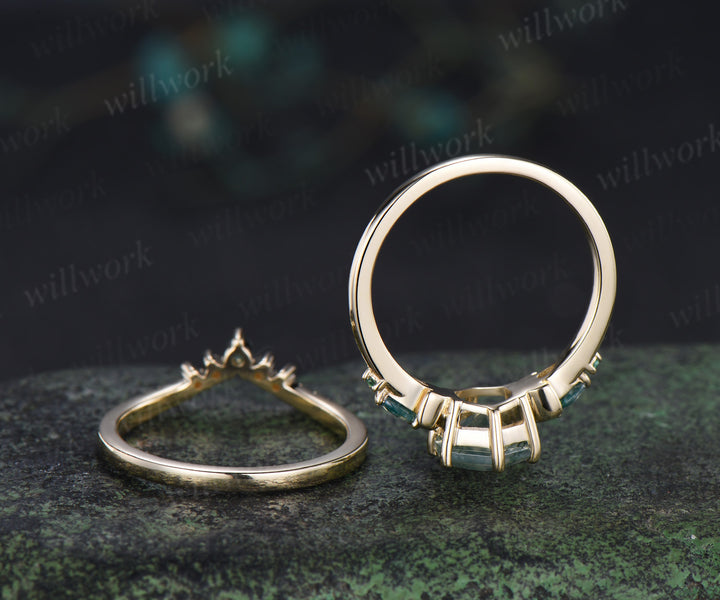 Unique hexagon cut moss agate moon engagement ring set pear moss agate five stone ring moissanite wedding band bridal set