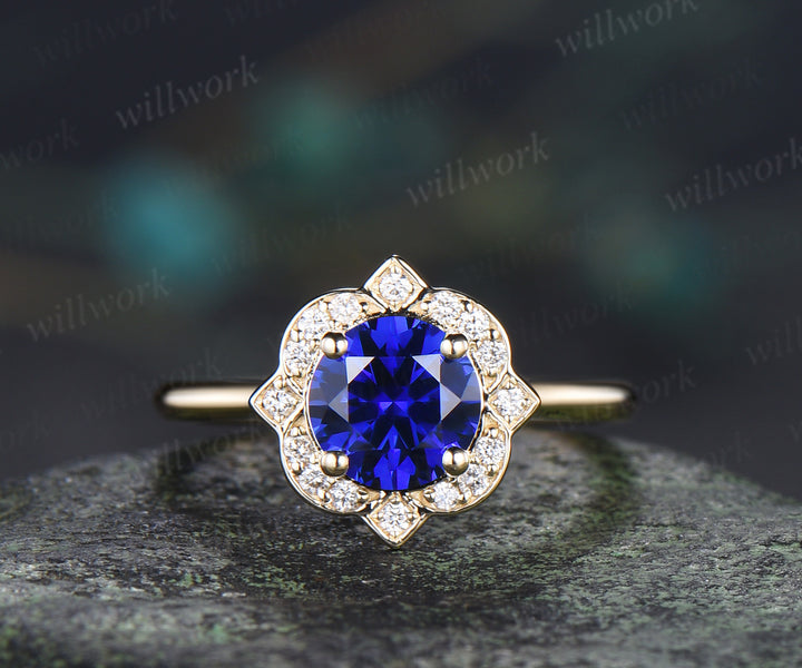 Vintage round sapphire diamond halo engagement ring floral hidden halo wedding ring blue gemstone bridal ring