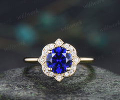Vintage round sapphire diamond halo engagement ring floral hidden halo wedding ring blue gemstone bridal ring