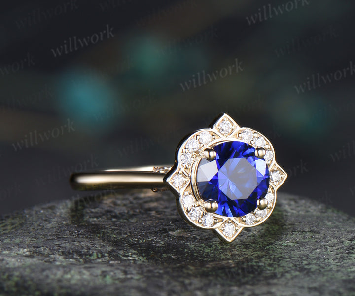 Vintage round sapphire diamond halo engagement ring floral hidden halo wedding ring blue gemstone bridal ring
