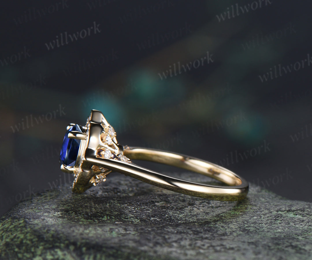 Vintage round sapphire diamond halo engagement ring floral hidden halo wedding ring blue gemstone bridal ring