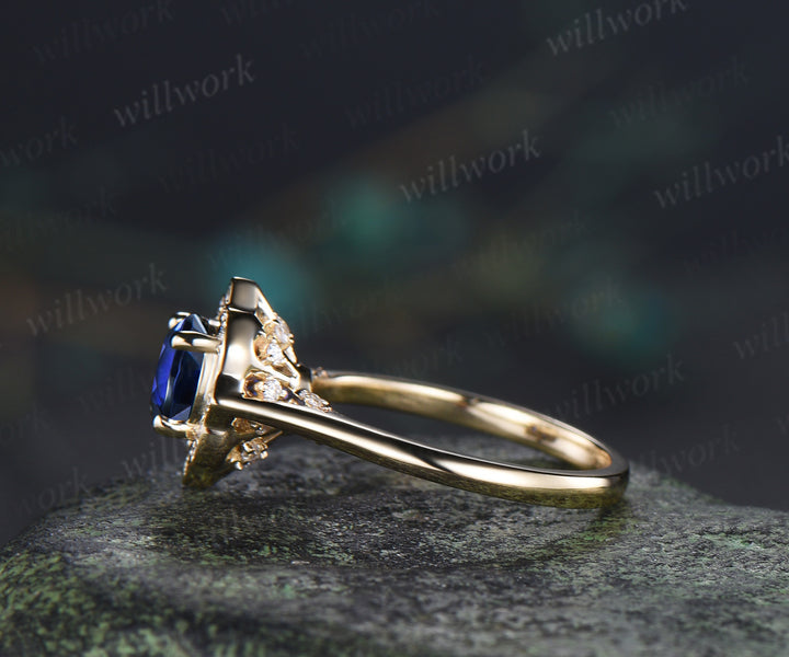Vintage round sapphire diamond halo engagement ring floral hidden halo wedding ring blue gemstone bridal ring