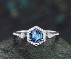 Hexagon cut alexandrite & moissanite halo ring unique kite moissanite engagement ring June birthstone wedding gift for her