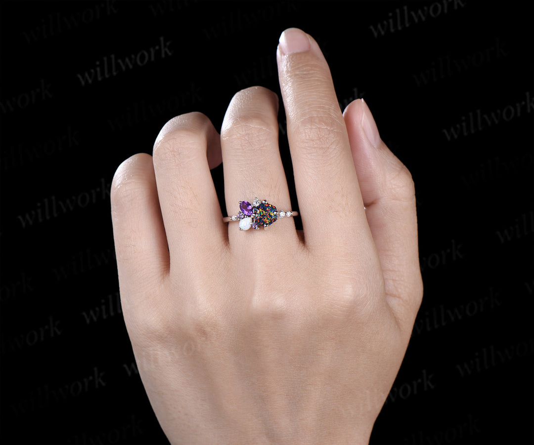 Unique hexagon cut black fire opal engagement ring magic fire opal galaxy amethyst opal cluster ring bridal anniversary gifts
