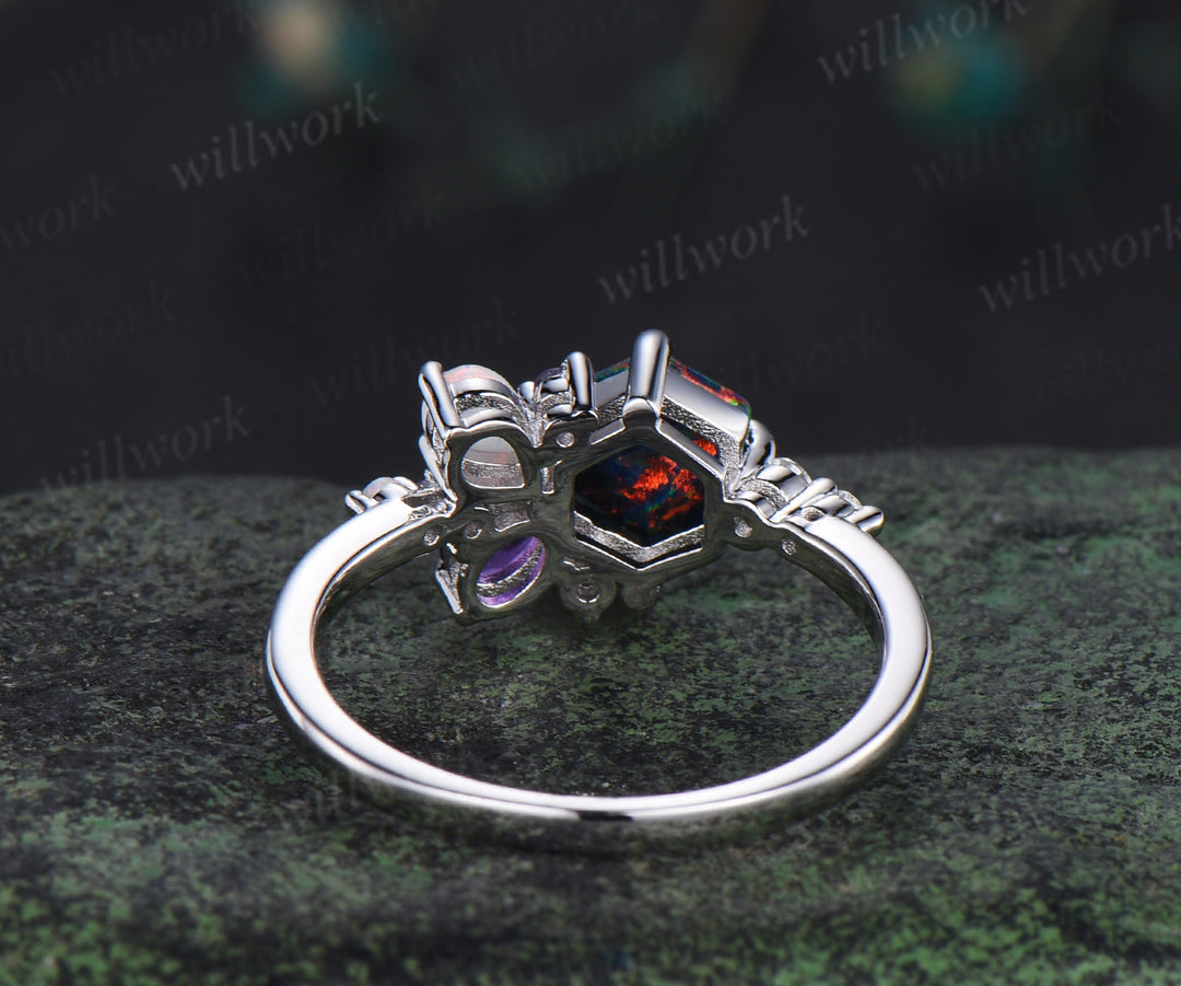 Unique hexagon cut black fire opal engagement ring magic fire opal galaxy amethyst opal cluster ring bridal anniversary gifts