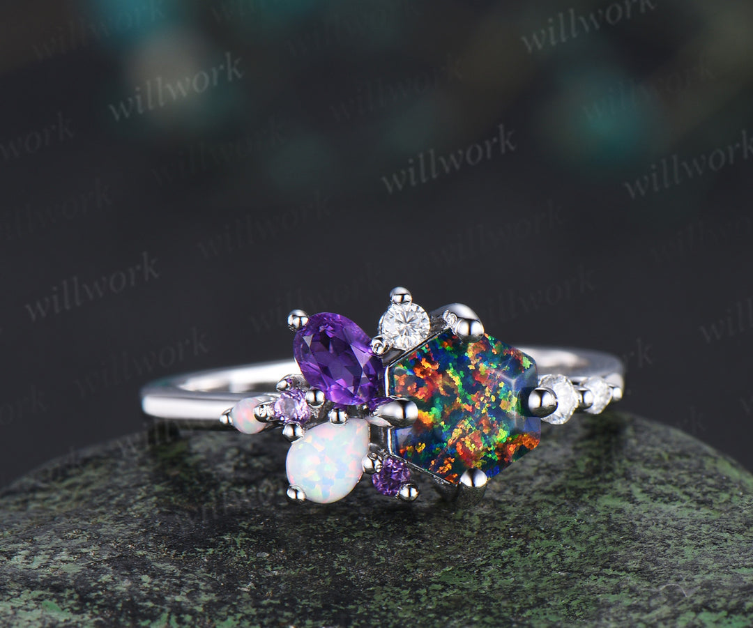 Unique hexagon cut black fire opal engagement ring magic fire opal galaxy amethyst opal cluster ring bridal anniversary gifts