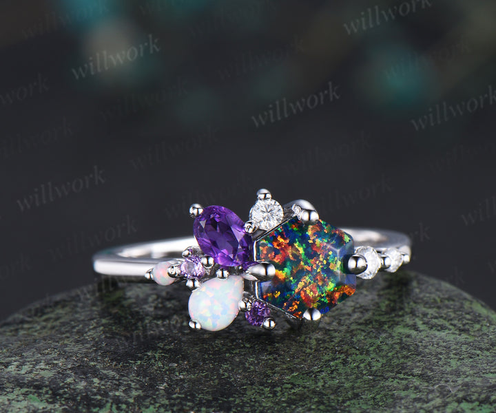 Unique hexagon cut black fire opal engagement ring magic fire opal galaxy amethyst opal cluster ring bridal anniversary gifts