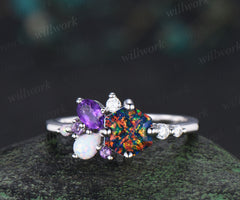 Unique hexagon cut black fire opal engagement ring magic fire opal galaxy amethyst opal cluster ring bridal anniversary gifts