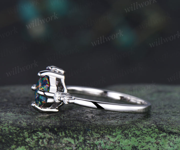 Unique hexagon cut black fire opal engagement ring magic fire opal galaxy amethyst opal cluster ring bridal anniversary gifts