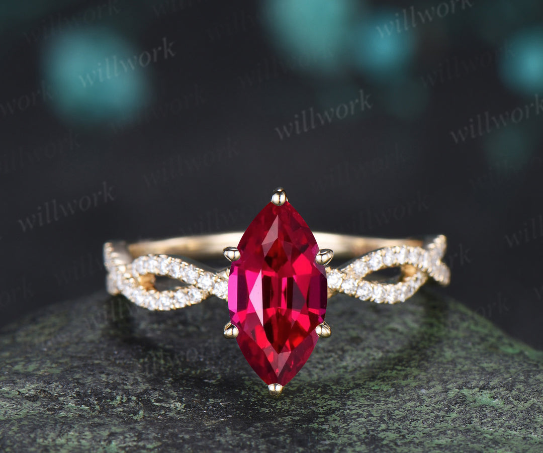 Marquise ruby engagement ring set infinity twisted diamond half eternity ring wave wedding band July birthstone gifts