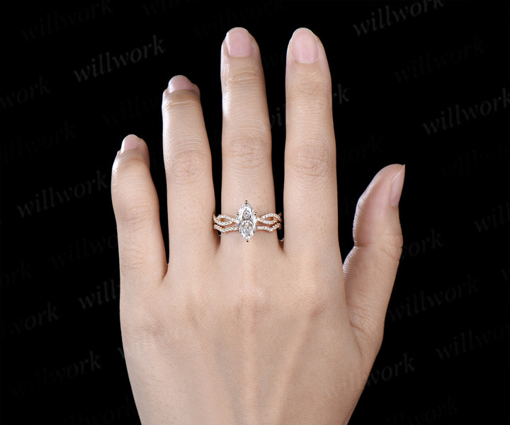 Marquise Lab Grown Diamond Engagement Ring Set Twisted Infinity Band Diamond Promise Ring Wave Wedding Ring Bridal Set